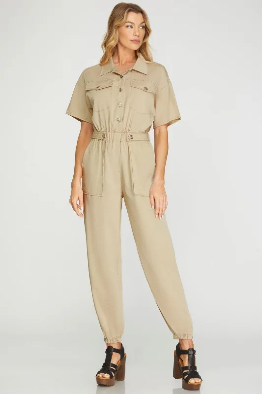 TAUPE COLLARED SHORT SLEEVES FLAP FRONT POCKET WOVEN JUMPSUIT S12SY6661 The Good Stuff