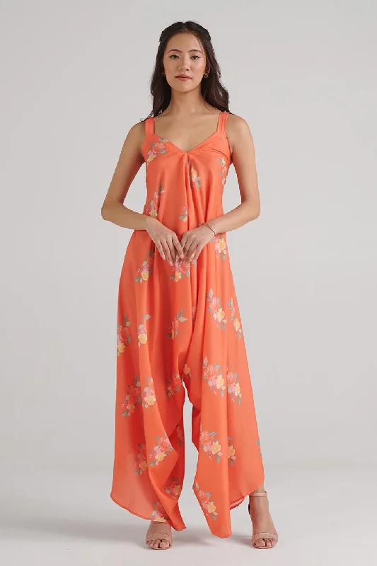 Bright Orange Floral Print Palazzo Jumpsuit Elegant Contour