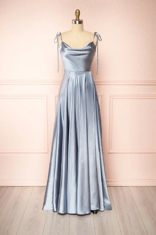 Moira Blue | Cowl Neck Satin Maxi Dress w/ High Slit Shop Sale Items