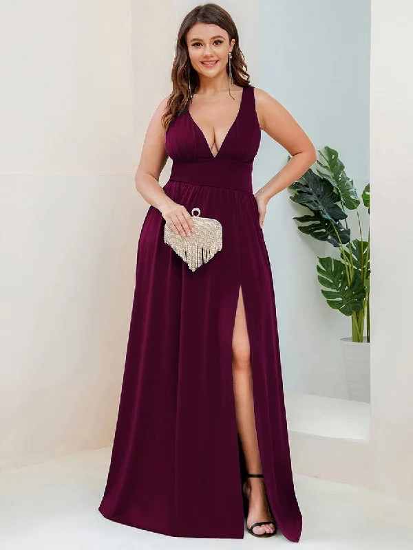 Plus Size Sleeveless V-Neck Empire Waist High Slit Floor-Length Evening Dress Fashion-Forward