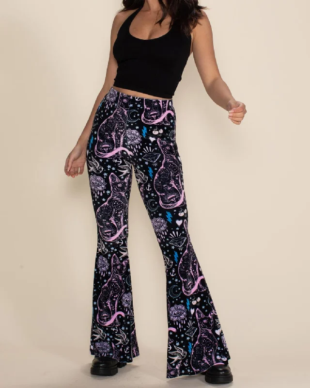 Women's Velvet Flare Pant | Black and Pink Sailor Kitty Best Sellers