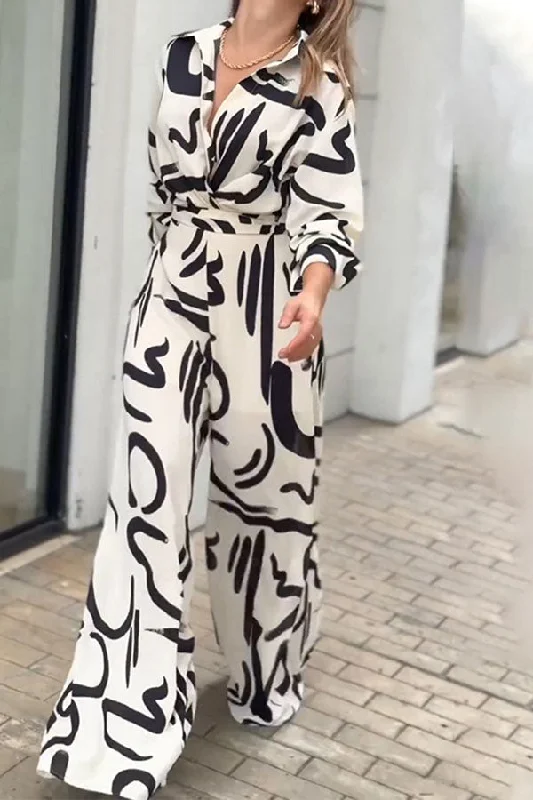 Graffiti Print Modern Belted Wide Leg Jumpsuit Spring Fashion