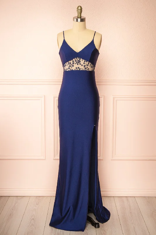 Angelika | Navy Maxi Dress w/ Embroidered Mesh Trendy Fashion for Women