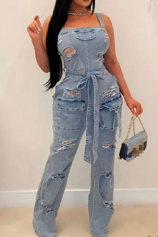 Blue Ripped Denim Cozy Belted Suspenders Jumpsuit Urban Femme Streetwear