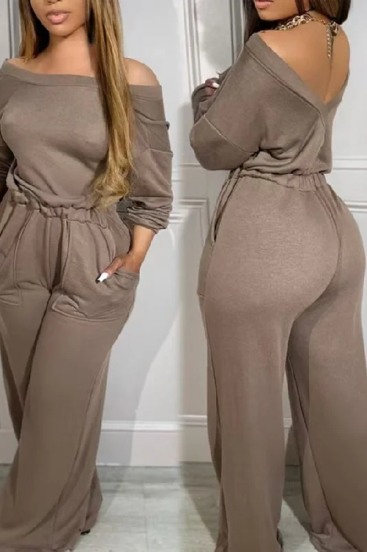 Solid Color Off Shoulder Cozy Wide Leg Jumpsuit Fashion Deal