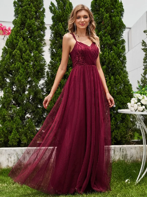 Paillette A-Line Tulle Bridesmaid Dress with Cross-Back Straps Feminine Charm