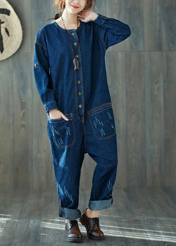 Fashion dark Blue O-Neck pockets denim Jumpsuits Spring Limited - Edition Drops