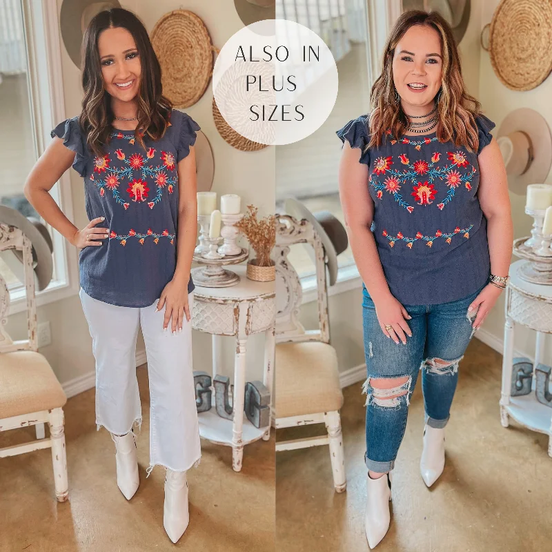 Last Chance Size 1XL | Easily Enchanted Floral Embroidered Ruffle Cap Sleeve Top in Dusty Navy Find Your Unique Flair