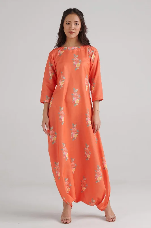 Bright Orange Floral Print Dhoti Jumpsuit Casual Elegance