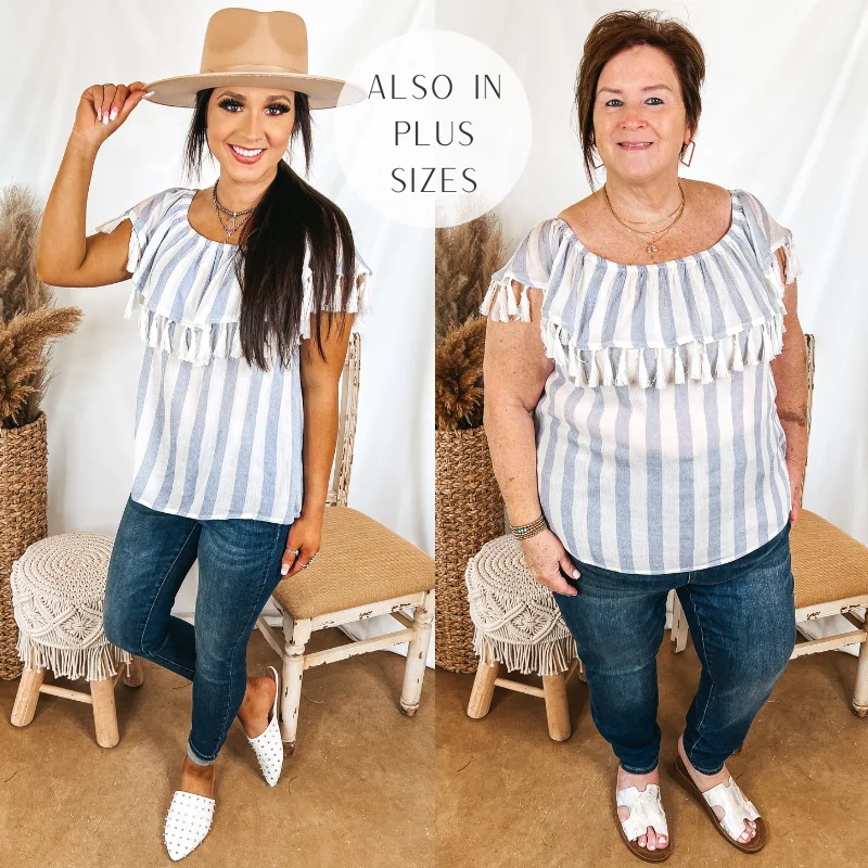 SoCal Sun Striped Off the Shoulder Top with Tassels in Ivory and Blue Pastel Styles