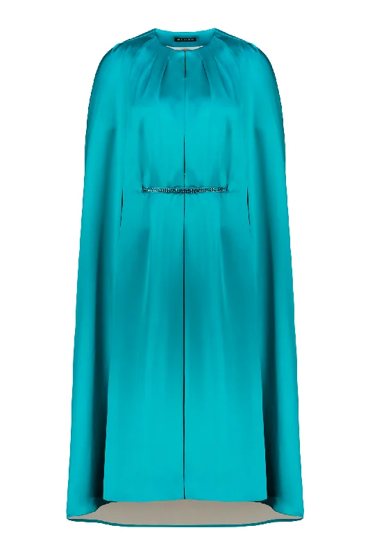 ALLAMANDA TEAL SILK SATIN CAPE DRESS WITH CRYSTAL BELT Vintage Elegance