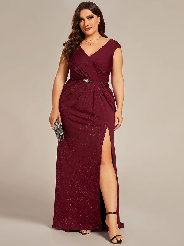 Plus Size Elegant V-neck Glitter Sequin Front Slit Mother of the Bride Dress Flash Sale, Don't Miss