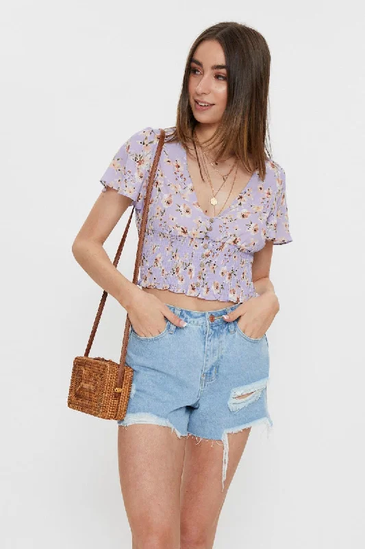 Print Print Front Button Shirred Top Daily Deals