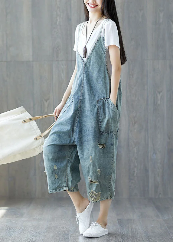 Modern light Blue pockets ripped Jeans loose Jumpsuit Spring End Of Month Blowout