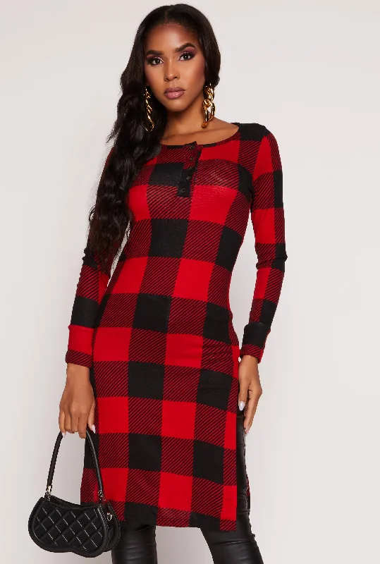 Plaid Side Slit Long Sleeve Tunic Top Trend Setting Wardrobe