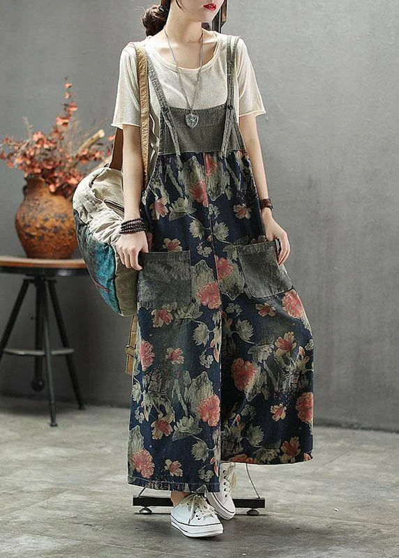 French Dark color Print Patchwork Pockets denim Outfits Rompers Shop Sales