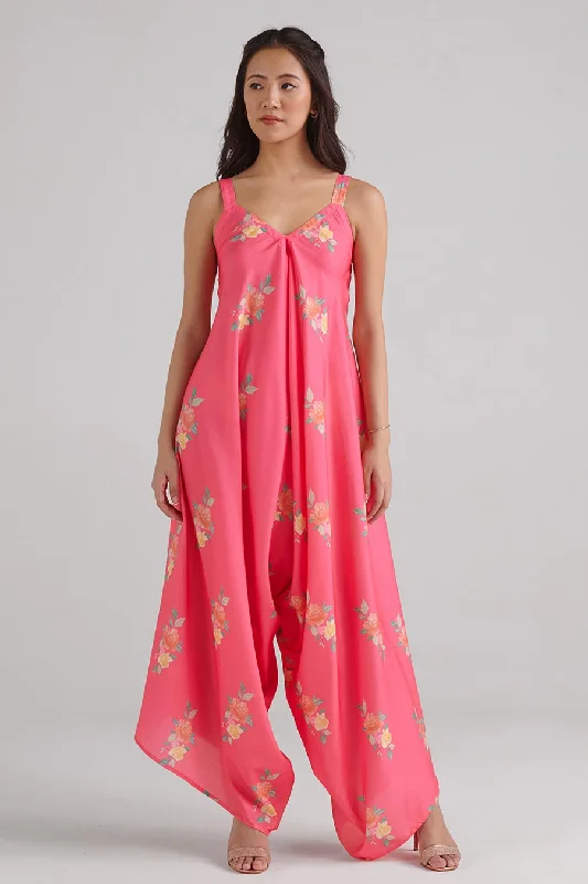 Hot Pink Floral Print Palazzo Jumpsuit Charming Silhouette