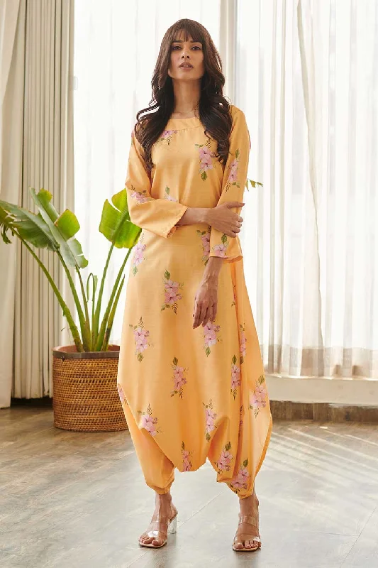 Yellow Floral Print Dhoti Jumpsuit Spring Fashion