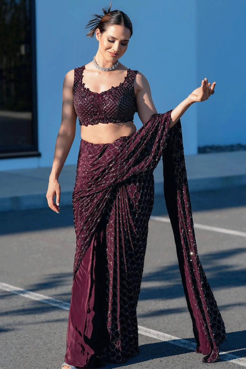 Party Wear Wine Color Saree For Girls Fashion Essentials