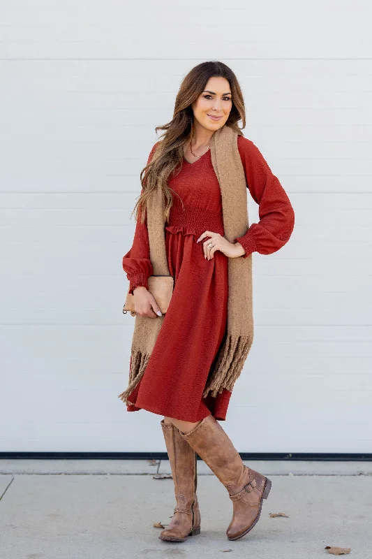 Cinch Accented Long Sleeve Dress Contemporary Elegance