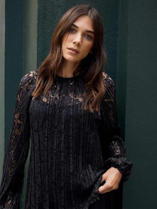 Coline Recycled Lace Sheer Top | Caviar Black Trendy Women's Collection