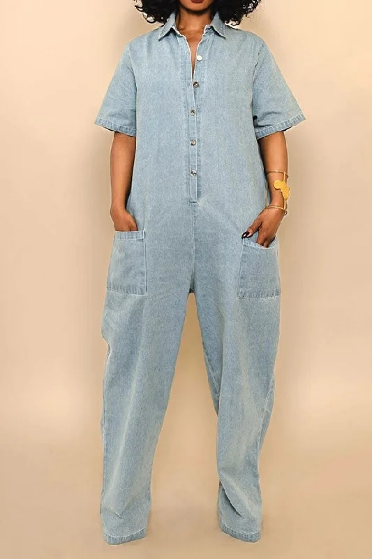 Washed Denim Relaxed Patch Pocket Jumpsuit Bold Fashion