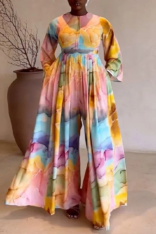 Marble Print Colorful Pleated Wide Leg Jumpsuit Beat The Heat In Tropical Styles