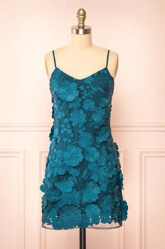 Liliane Teal | Short Mesh Dress w/ Floral Appliqués Latest Trends