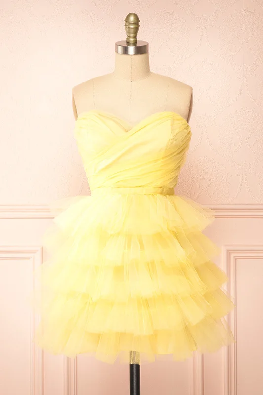 Myrah Yellow | Strapless Tiered Tulle Short Dress Flowy Fabric