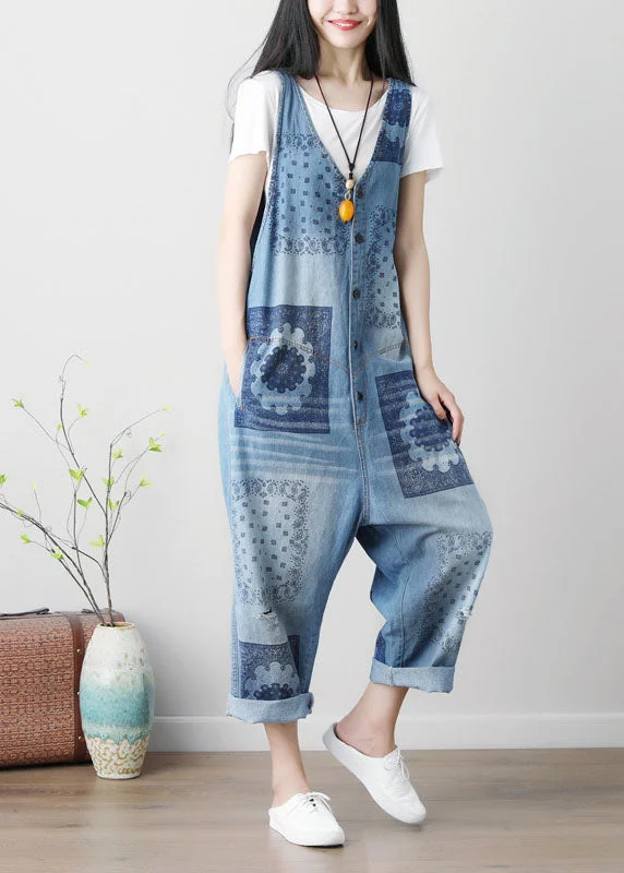 Loose Blue hole V Neck Print Cotton denim Jumpsuits Spring Classic Timeless Elegant Style