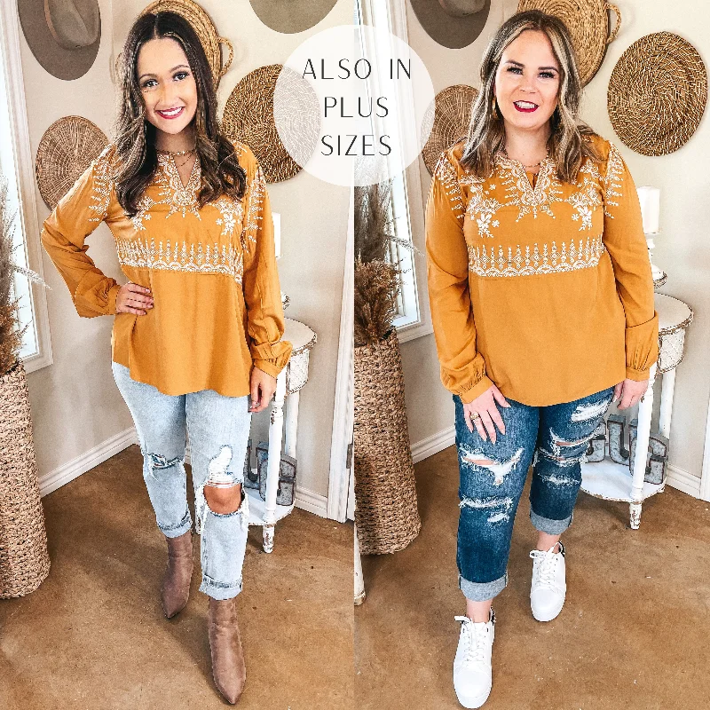 Making Connections Ivory Embroidered Long Sleeve Top in Mustard Yellow Summer Splash Sale