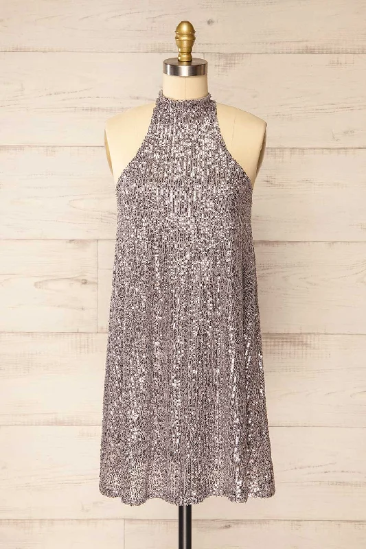 Singapour Silver | Short Sequin Dress w/ High Neck Fashion Forward Femme