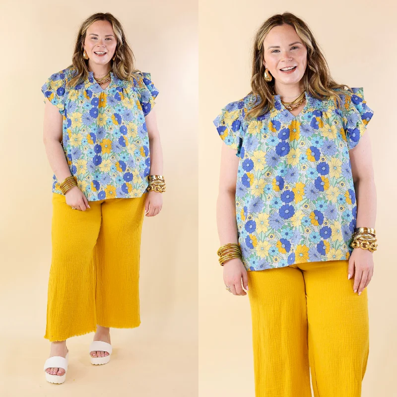 Pretty Days Floral Notched Neckline Top in Blue Mix New Styles Just In