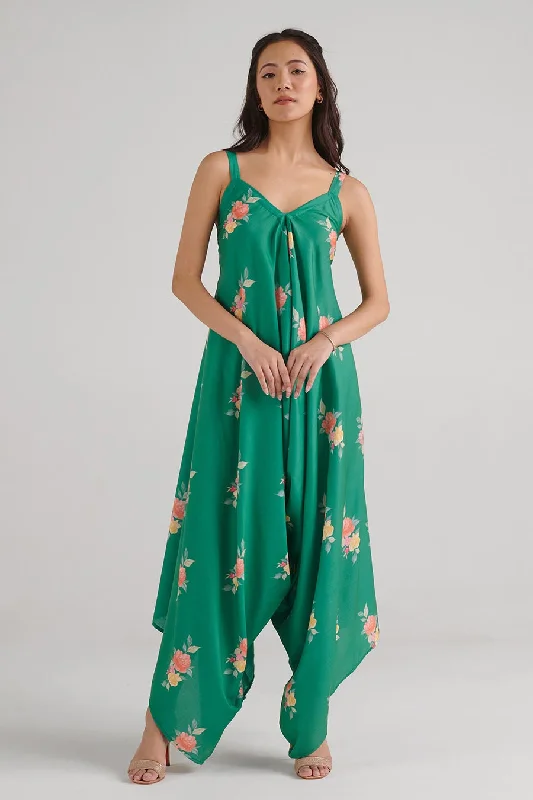 Jade Green Floral Print Palazzo Jumpsuit Sophisticated Cut