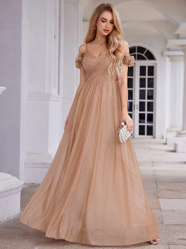 Sparkling V-Neck Floral Cold-Shoulder Evening Dress with Pleated Exclusive Designer Collection