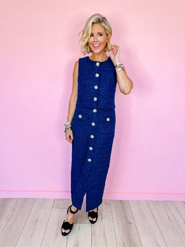 TIMELESS TWEED MIDI SKIRT SET - NAVY Fashion Deal