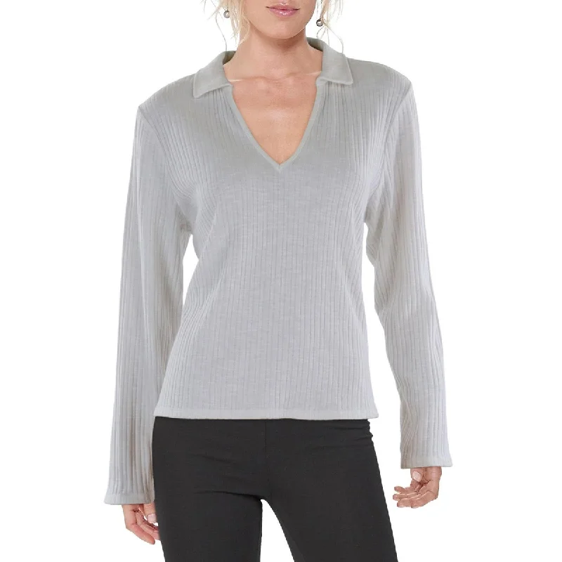 Womens Ribbed V-Neck Pullover Top Save Big