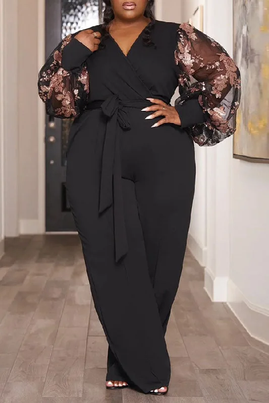 Spliced Floral Lace Puff Sleeve Feminine Belted Jumpsuit Timeless Elegance Redefined