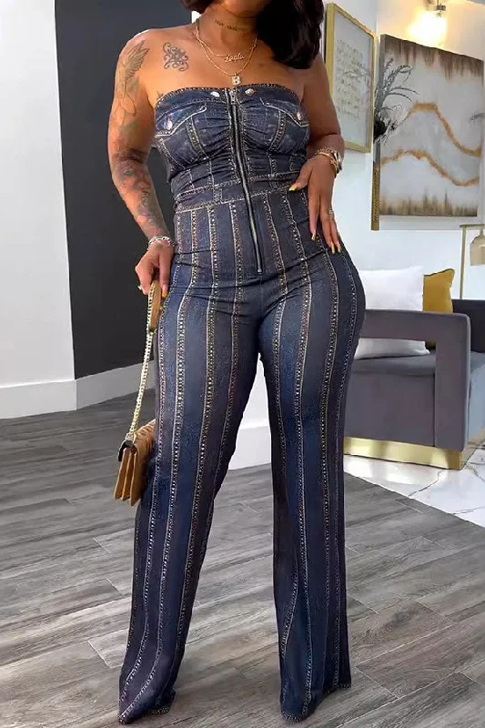 Imitation Denim Print Strapless Urban Wide Leg Jumpsuit Effortless Sophistication