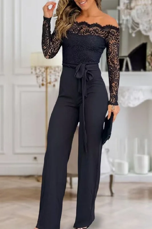 Black Lace Patchwork Off Shoulder Rocking Belted Jumpsuit Wardrobe Update