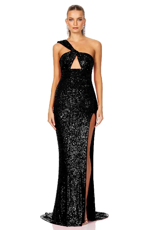 Nookie Therese Sequin Gown - Black Tropical Island - Inspired Attire