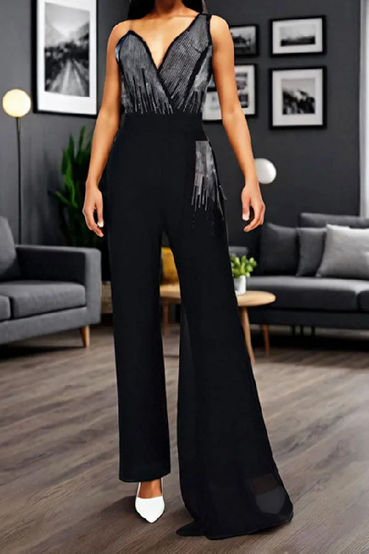 Rhinestone Stylish Asymmetric Side Train Jumpsuit Celebrate With Big Savings