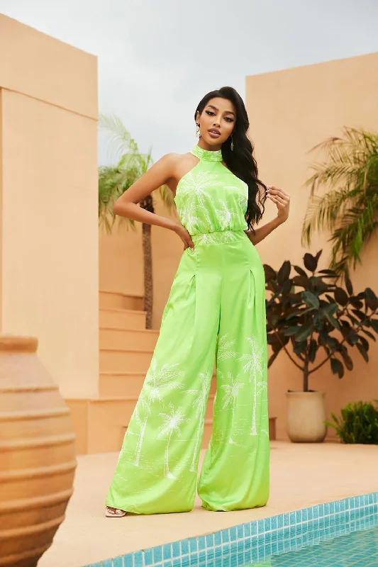 GREEN HALTER NECK FITTED WAIST WIDE LEG JUMPSUIT CJ30946 Hot Deals