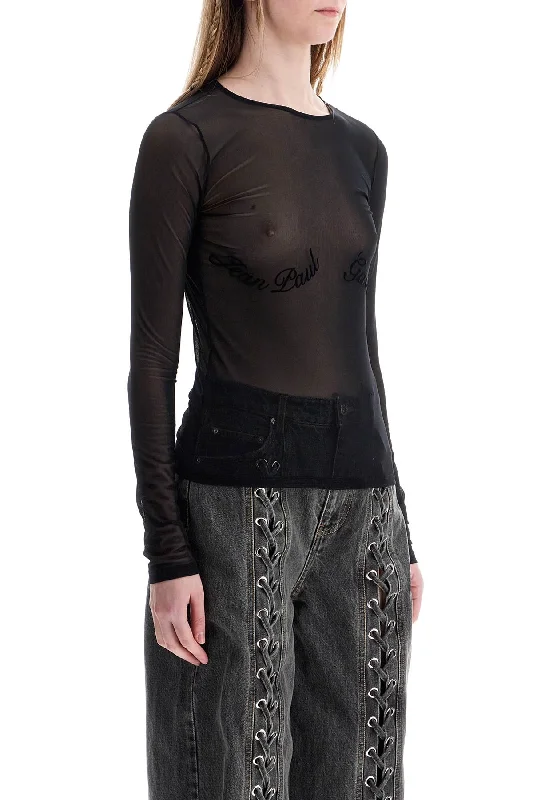 Jean Paul Gaultier Top In Mesh Velluto Nero Logato Fashion Deal