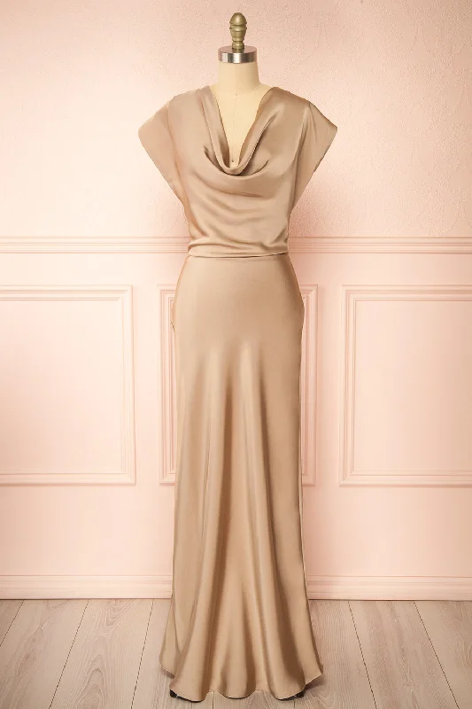 Korpa Champagne | Satin Maxi Dress w/ Cowl Neck Summer Fashion