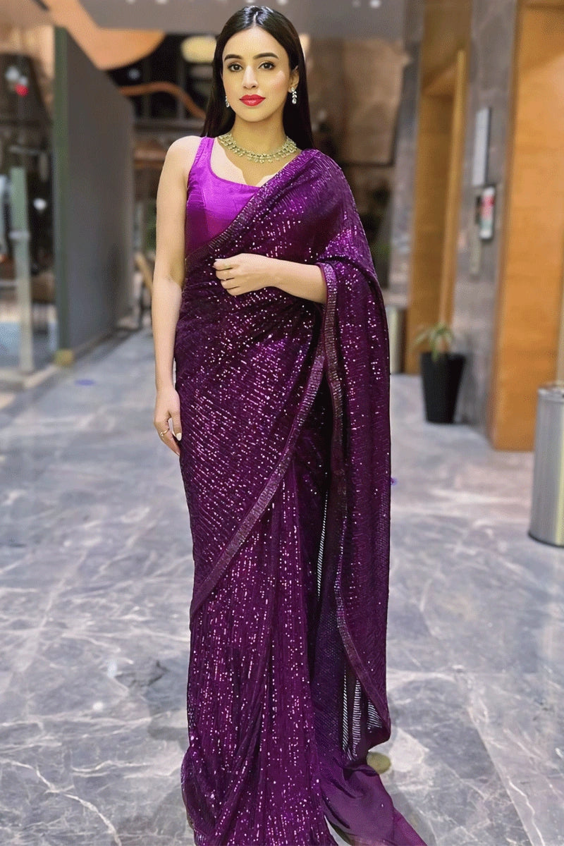 Purple Colour Party Wear Look Saree Hot Sale