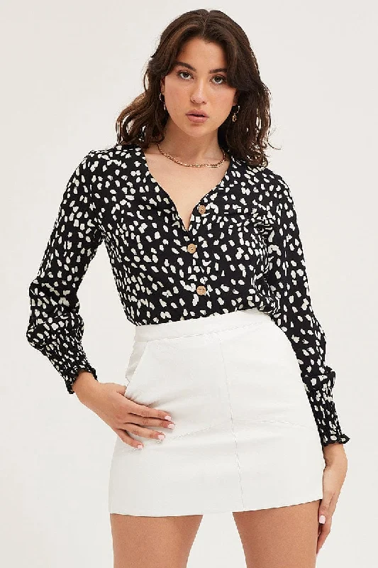 Geo Print Button Front Top Long Sleeve V-Neck Unbeatable Deals