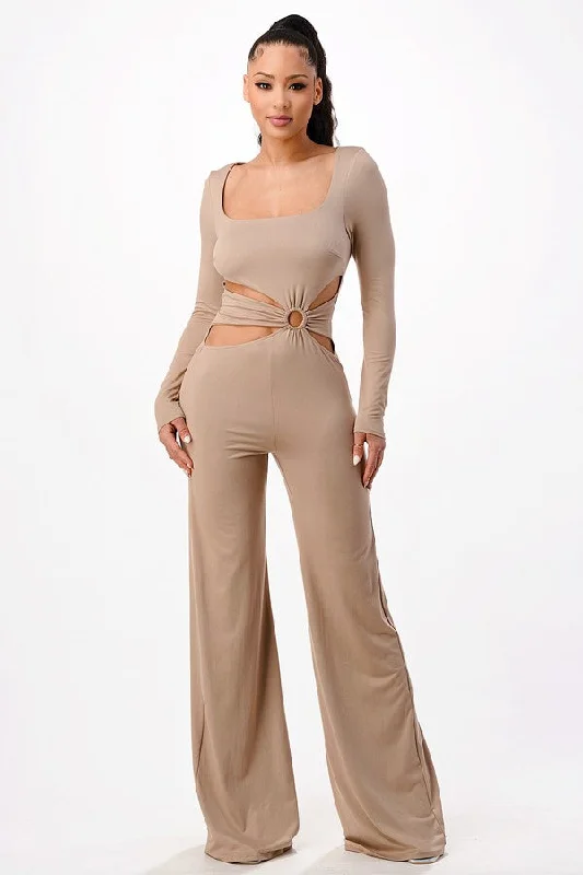 MOCHA SQUARE NECK LONG SLEEVES CUTOUT WAIST JUMPSUIT SP8842J Style Versatile Women's Collection