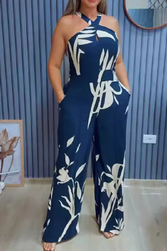 Floral Print Glamorous Cross Halter Wide Leg Jumpsuit Floral Style