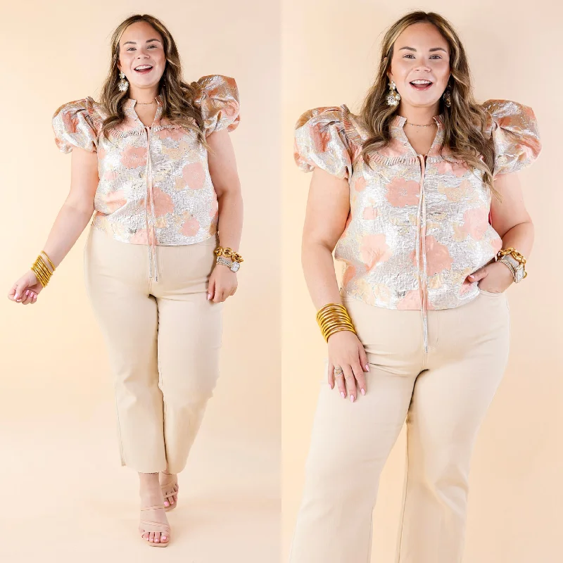 BuddyLove | Leeland Puff Sleeve Top in Sugar Cube (Silver and Peach) Trendy Aesthetics